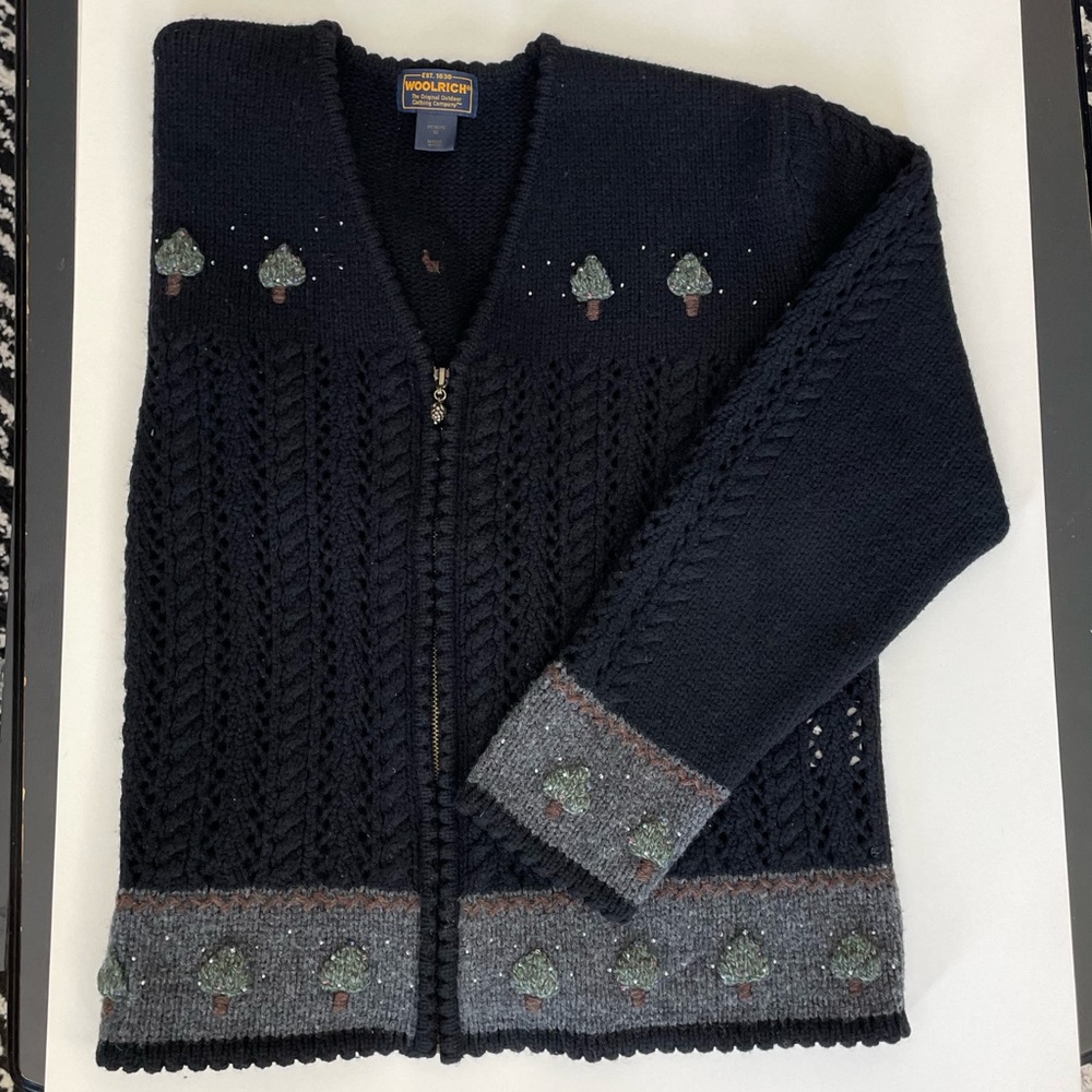 WOOLRICH zip up black, gray and green sweater cardigan womens M, beaded detail